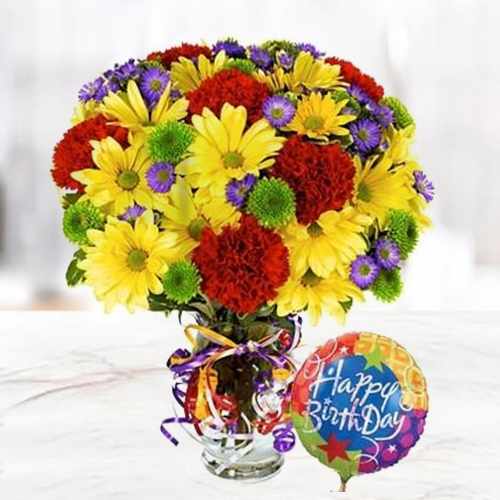 Flowers and Balloons Combo - Gift Basket