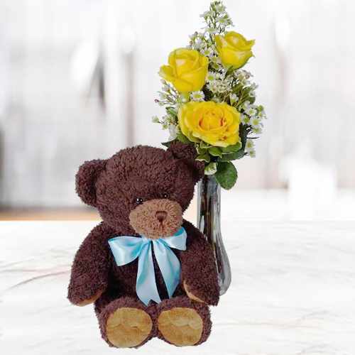 Get Well Teddy and Flowers - Gift Basket
