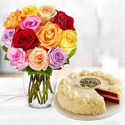 12 Mixed Roses With Red Velvet Cake-Send Cake And Flowers Online Usa