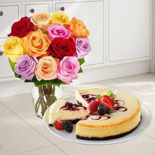 Mix Roses And Cheesecake Combo-Online Flowers And Cake Delivery In Usa