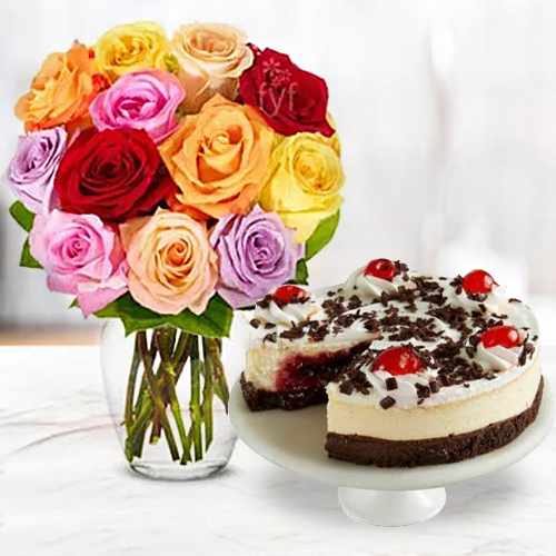 12 Colorful Roses And Black Forest Cheesecake-Send Flowers And Cake To Usa
