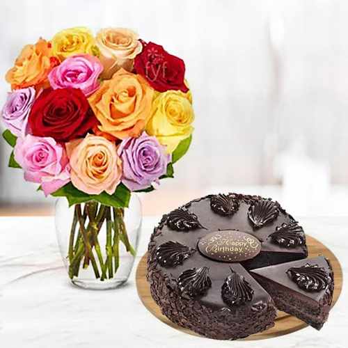 Chocolate Mousse Cake And Mixed Roses-Send Flowers And Cake Online To Usa