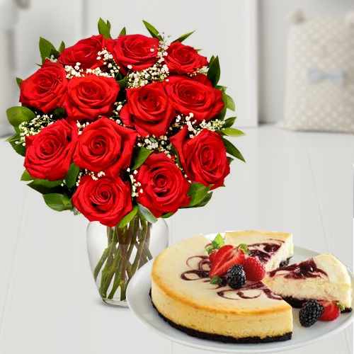 Red Roses And Berry Chocolate Cheesecake-Cake And Flower Delivery