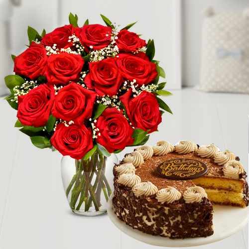 12 Red Roses And Cake-Flower Cake Delivery