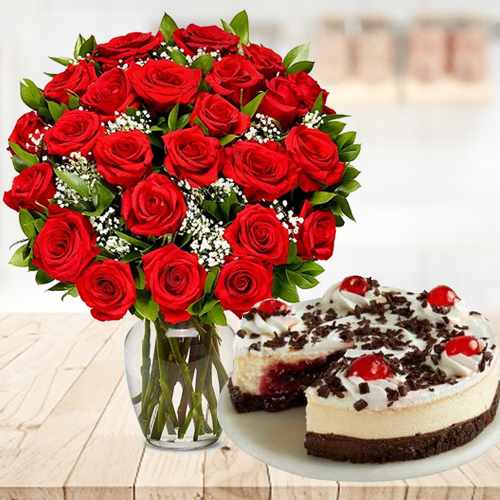 Black Forest Cheesecake And 24 Red Roses-Birthday Cake And Flowers Delivery