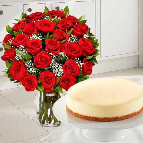 Red Roses With Plain Cheesecake-Birthday Flower Cake Delivery