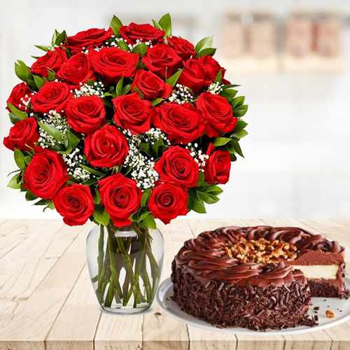 Roses And Dark Chocolate Cake-Birthday Cake And Flowers Online Delivery