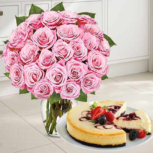 Adorable Pink Rose And Berry Chocolate Cheesecake-Order Cake And Flowers Online