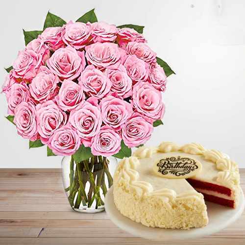 Pink Rose And Red Velvet Cake-Send Birthday Cake And Flowers