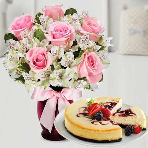 Berry Cheesecake And Pink Roses-Online Cake And Flower Delivery