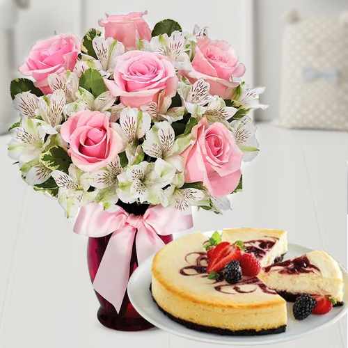 - Online Cake And Flower Delivery | Berry Cheesecake And Pink Roses