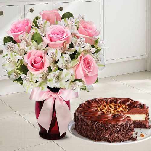 - Send Flowers And Cake Online | Dark Chocolate Cake With 6 Pink Roses