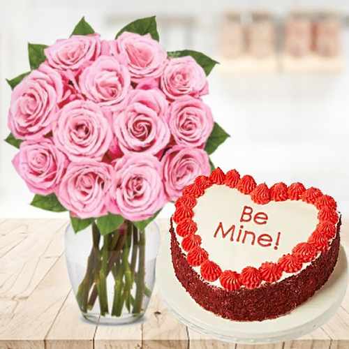 Love-Shape Cake With Pink Roses-Rose And Cake Delivery