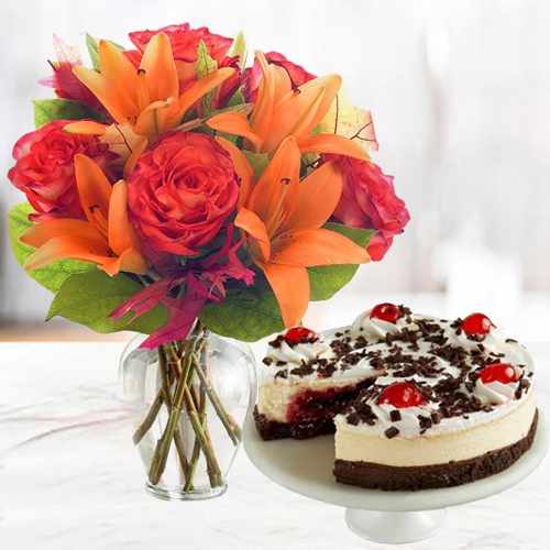 Mix Flowers Bouquet And Black Forest Cheesecake-Online Cake And Flowers