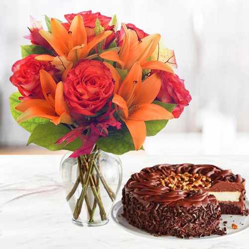 Various Flowers Bouquet With Dark Chocolate Cake-Sending Cake And Flowers For Birthday