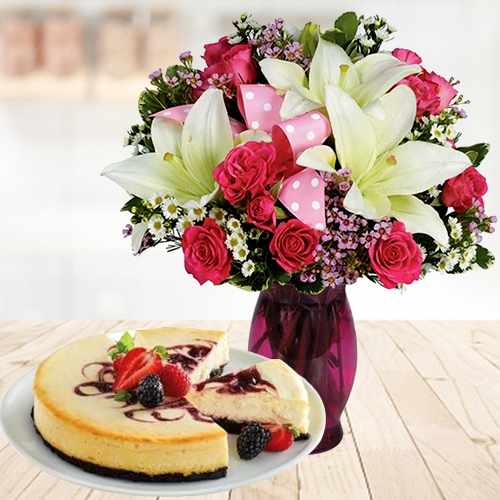 Garden-Picked Flowers And Choco Cheesecake-Online Birthday Gifts Cakes And Flowers