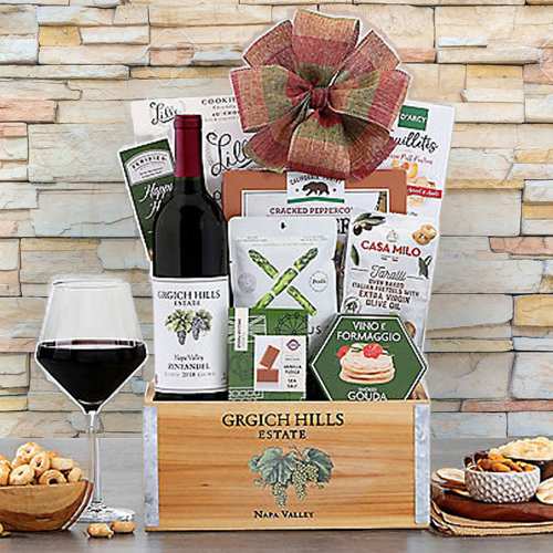 Holiday Elegance Wine And Cheese Hamper-Christmas Food Basket With Wine And Snacks