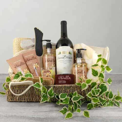 Stress Free Spa Hamper and Red Wine-luxury spa gift baskets for her with wine