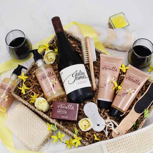 Stress Free Spa Hamper and Red Wine-luxury spa gift baskets for her with wine