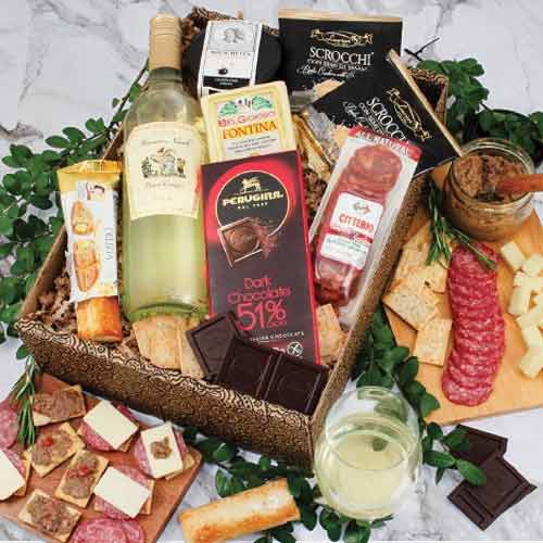 Italian Wine Chese Hamper-White Wine, Cheese, Salami Hamper Usa