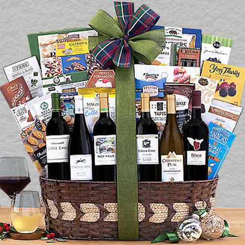 Premier Half Dozen Wine Gift Basket-Food Wine Gift Baskets Delivery Georgia