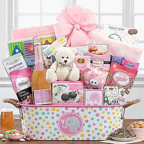 Sparkling Wine Baby Girl Basket-Send GIRLS Gift Gasket to USA