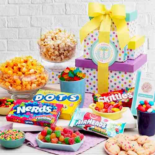 Happy Birthday Gift Tower-Christmas Food Gift Baskets Delivery  Indiana