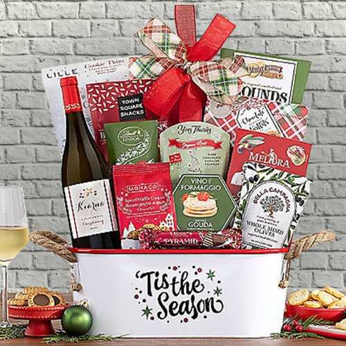 Holiday Luxury Wine Basket-Christmas Wine Baskets With Gourmet Snacks For Delivery