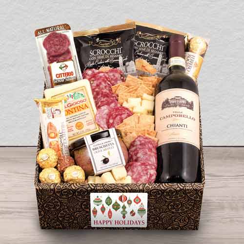 Italian Vino n Antipasto Gift Box-Alcoholic Christmas Gift Baskets Texas
