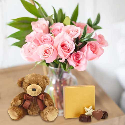 - Valentine Rose Teddy Chocolate Combo | Pure Romance Arrangement
