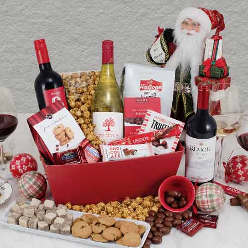 Holiday Wine Basket With Chocolates And Nuts-Trio Wine Basket With Festive Treats