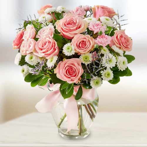 Send Cotton Candy Pink & White Rose Vase Bouquet For Mother’s Day | Charming Flower Surprise For Mom