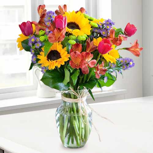 Send Sunflowers, Tulips & Alstroemeria  Bouquet For Mother’s Day | Floral Love Surprise For Mom