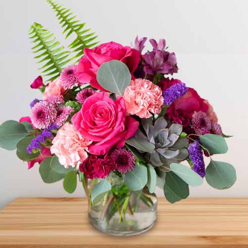 Send Succulent & Mixed Pink Floral Vase Arrangement For Mother’s Day | Loving Mama Garden Bouquet