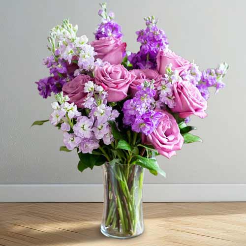 Send Lavender Rose & Stock Vase Bouquet For Mother’s Day | Caring Mum Flower Delight