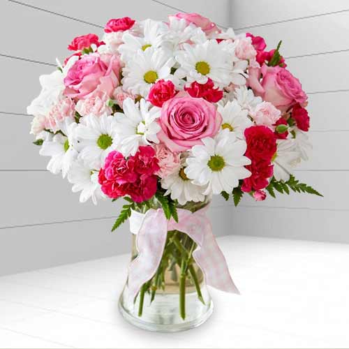 Send Pink Spray Roses & Daisy Vase Bouquet For Mother’s Day | Precious Mommy Petals Bouquet
