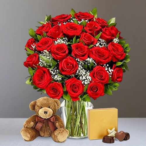 Red Rose With Teddy And Chocolates
