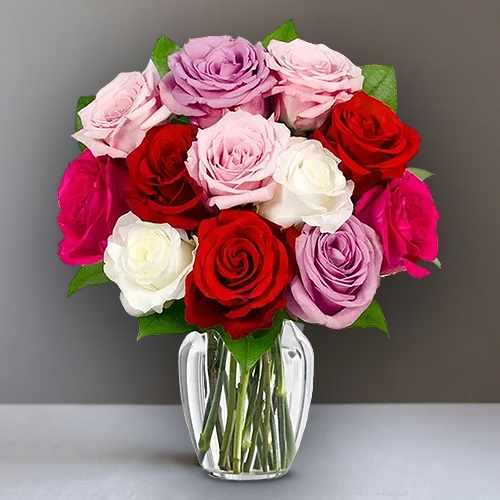 12 Vibrant Multi-color Rose Bouquet