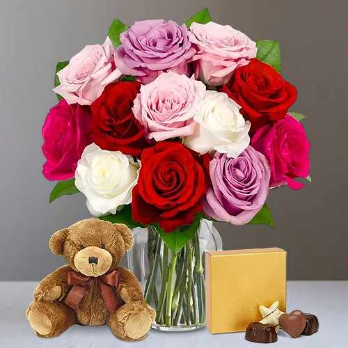 12 Multi-color Roses With Tedy And Chocolates