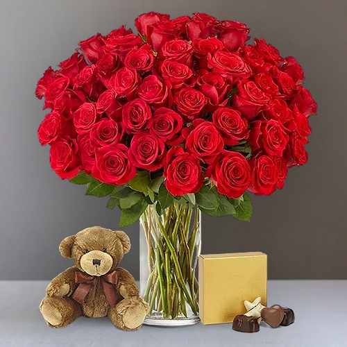 50 Long Stem Red Roses With Teddy And Chocolates