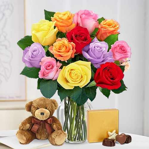 Floral Rose Mix With Teddy And Chocolates
