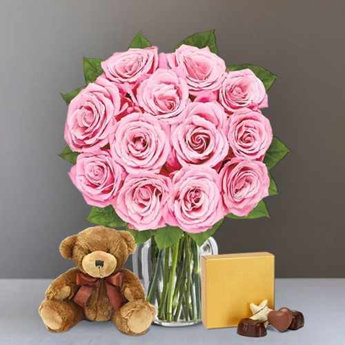 1 Dozen Pinkrose With Teddy And Chocolates