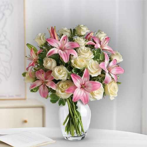Just For Your Love – White Roses & Pink Lilies Floral Arrangement In USA | Bright N Cheerful Floral Surprise