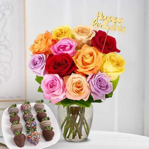 Happy Birthday! Flowers And Chocolate Strawberries Gift Bundle In The USA | Dozen Roseswith Berries