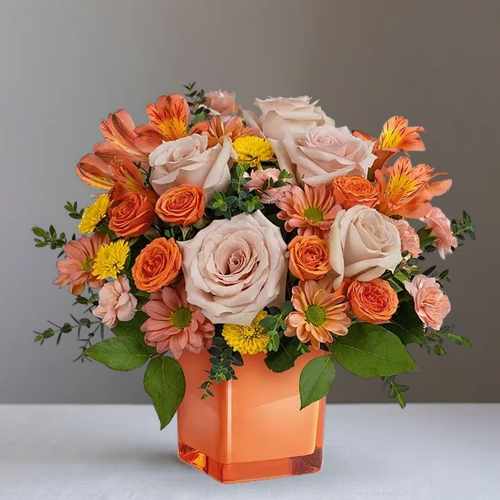 Pretty In Coral – Vibrant Coral & Peach Floral Arrangement In The USA | Whisper Of Love Arrangement