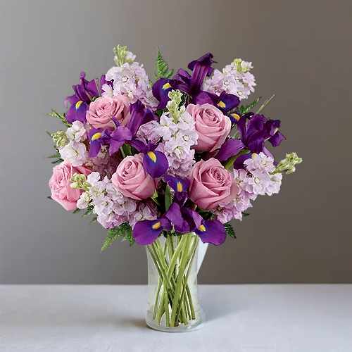 The Casual Elegance Bouquet – Lavender Roses & Iris Floral Gift In The USA | Premium Elegance Bouquet