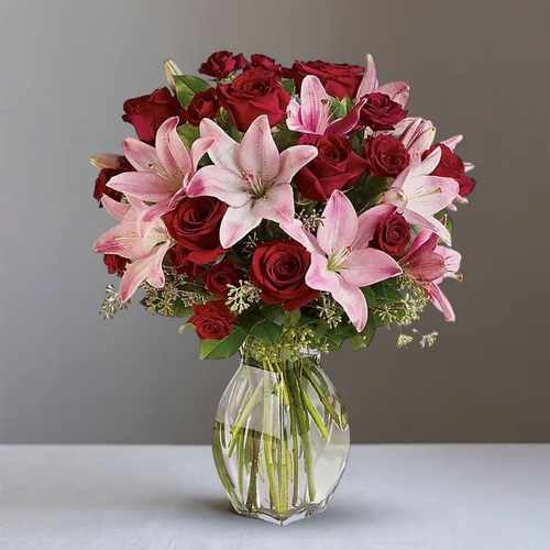 Lavish Love – Red Roses & Pink Lilies Romantic Floral Gift In The USA | Elegant Lily And Rose Delight