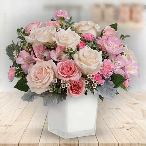 Blushing Roses – Elegant Pink & Crème Floral Arrangement In The USA | Pure Petal Perfection