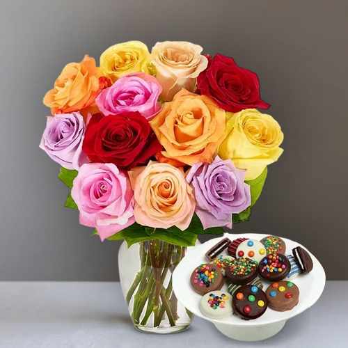 One Dozen Rainbow Roses With Sprinkled Oreos Gift Set In The USA | Rose N Sprinkled Oreos