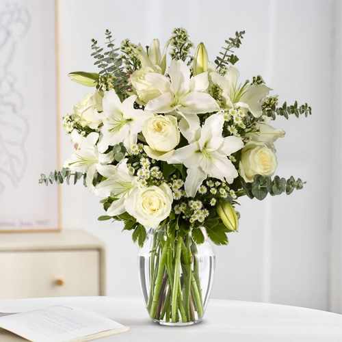 With All Our Sympathy Lily Arrangement – Elegant White Tribute In The USA | Peaceful Petals Display